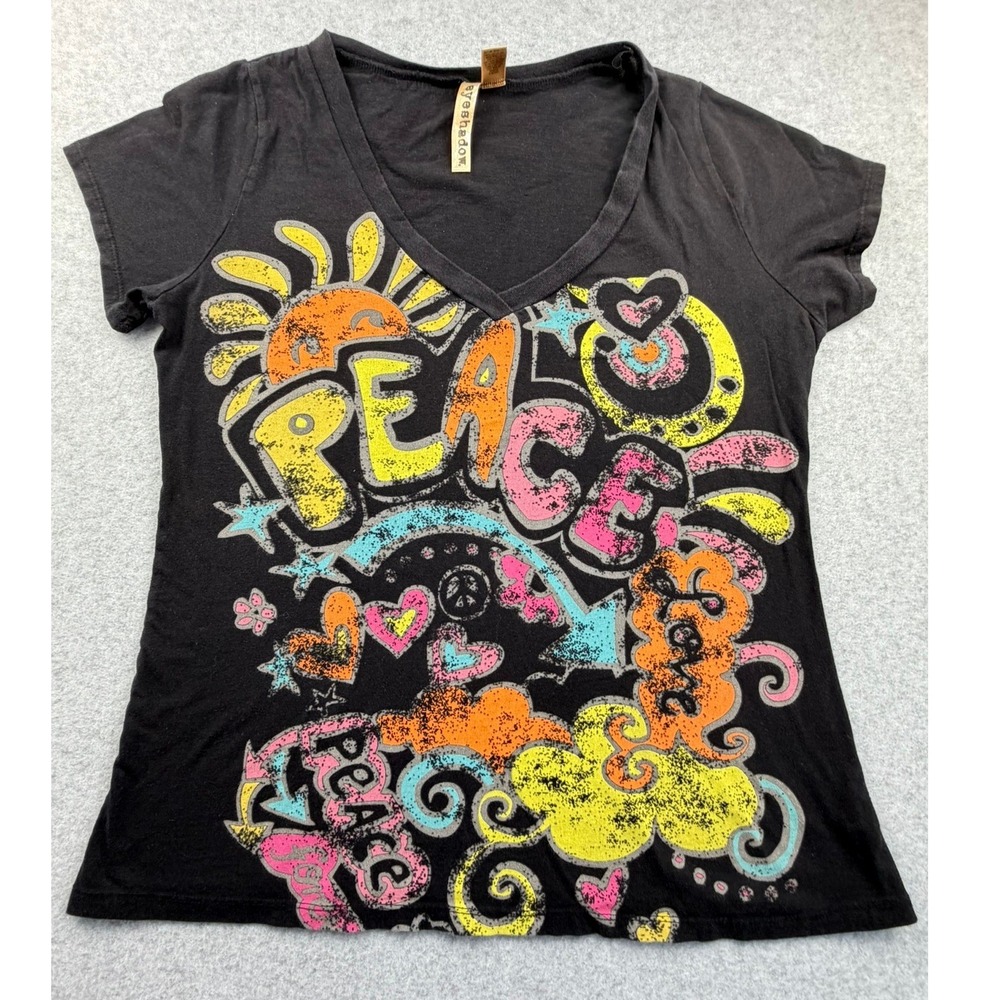 Eyeshadow Peace Love Graphic Tee Black Neon Y2K Boho V-Neck Shirt Womens 2X